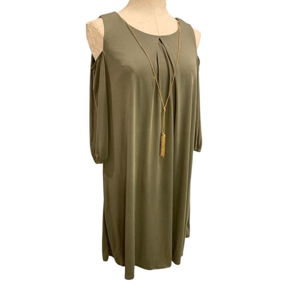 Small‎ Luxology Olive Green New Shift Dress Cold Shoulder Detachable Necklace